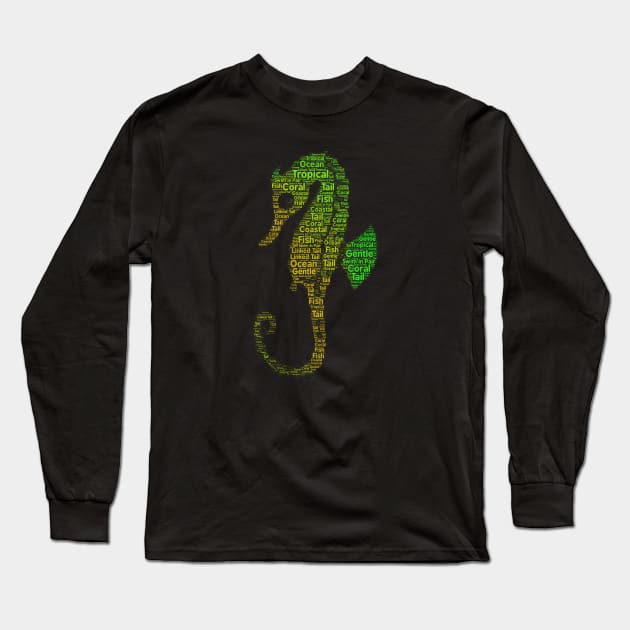 Green and Orange Seahorse Original Word Cloud Art Long Sleeve T-Shirt by ckandrus